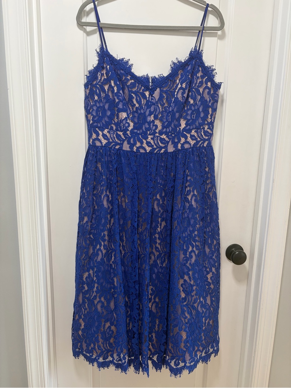 Eliza J size 12 Cobalt Blue Lace Midi Dress Spaghetti Strap Pockets Semi Formal‎ - Picture 3 of 14